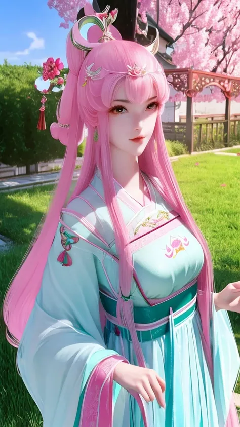 pink cloud sea,Chinese nine-tailed fox girl,long pink hair,Furry and cute fox ears,forehead pattern,Large Breasts,Pink ancient Ming Dynasty palace costume,Upper Body,close-up