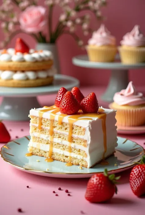 Create a vibrant bakery scene featuring a variety of pastries such as cheesecakes, cupcakes, and colorful gelatine mosaics. The display should be artistic and mouth-watering, with close-up shots of a three-leches cake topped with whipped cream, caramel dri...