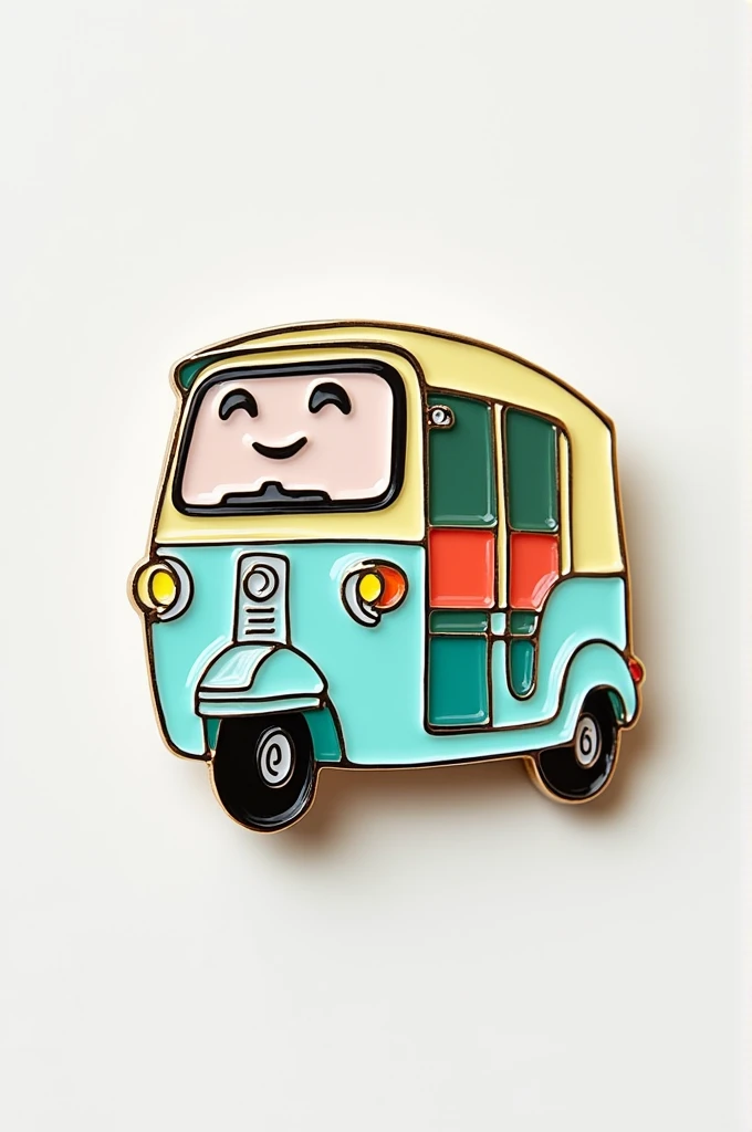 A cute and modern pastel colored tuk tuk pattern metal bag pin with the words “HI KU”. 