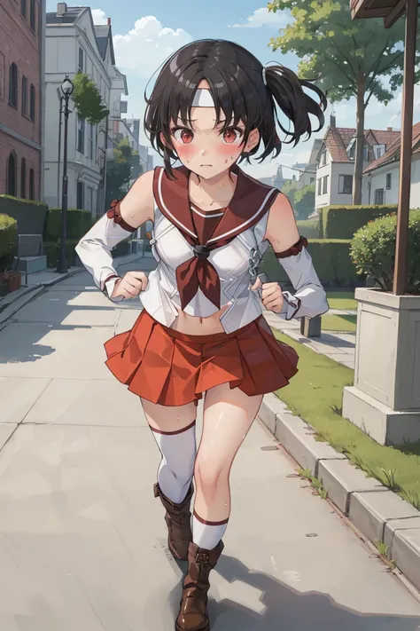 Portrait, official art, best masterpiece, best quality, best resolution, 8K, best detailed, perfect anatomy 
BREAK
(blush, sweaty:1.2), serious face
BREAK 
(full body shot), running, facing viewer
BREAK 
nagaraKC, black hair, short hair, skirt, school unif...