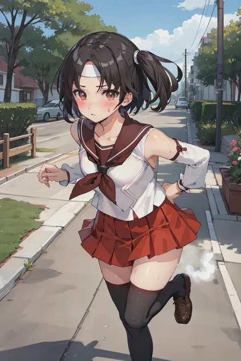 Portrait, official art, best masterpiece, best quality, best resolution, 8K, best detailed, perfect anatomy 
BREAK
(blush, sweaty:1.2), serious face
BREAK 
(full body shot), running, facing viewer
BREAK 
nagaraKC, black hair, short hair, skirt, school unif...