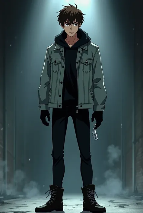 20 years old,
Short brunette levi ackerman hair,
61,
Light gray denim jacket with black hood down,
Black skinny jeans,
Black boots,
Terrorist,
Holding a remote detonator 
Male,

Batman the animated series style 