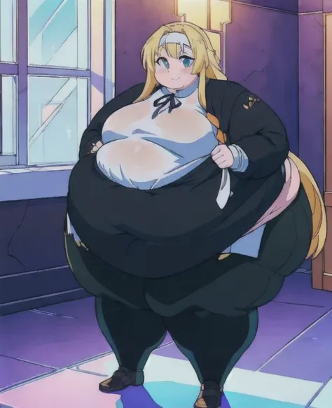 ((best quality, 4k, 8k, anime girl, masterpiece)), ((((beautiful extremely detailed face, beautiful eyes)))), glowing eyes, cinematic lighting, perfect anatomy, ((alice synthesis thirty)), (((chubby, SSBBW, very obese, extremely wide waist, smooth round be...