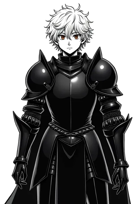 I would like an image in manga art, preta e branca ,of a knight in black armor, short curly blonde hair, brown eyes, White