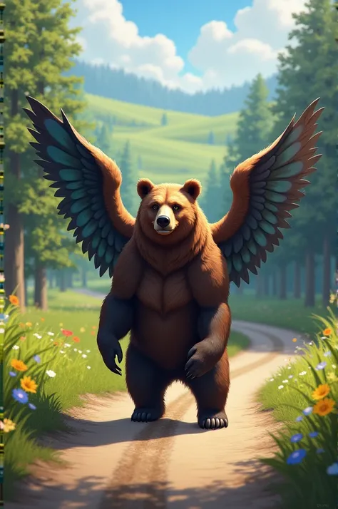 A bear with two wings is standing on the road and watching