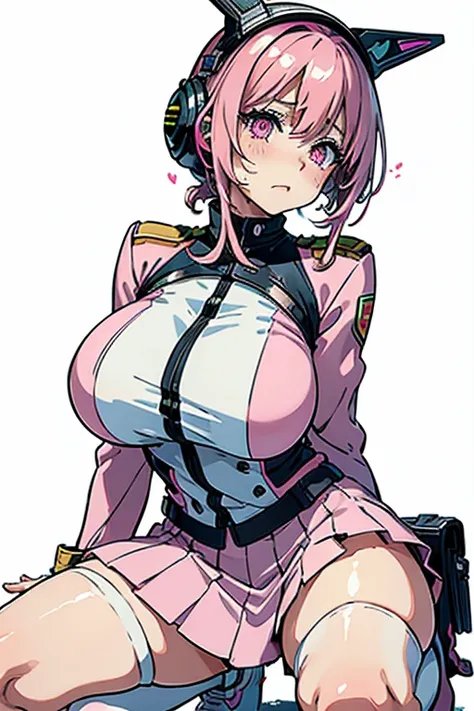 Detailed Expression, Neon colored hair, helmet(Thick pink line on a white background), Earth Federation Army Uniform, uniform(Thick pink line on a white background), Uniform skirt(Thick pink line on a white background), Super huge breasts, colored inner ha...