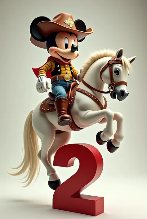 cowboy mickey mouse piñata, riding a white horse with its front legs resting on a small red number 2 with gold and brown cowboy-style details (that uses the number as a support for the front legs)