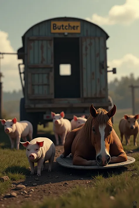 boxer, the working horse, lies on a stretcher being taken to the slaughterhouse cart, while the animals watch him sadly. A sign on top of the car says "Butcher". The pigs are standing next to each other pretending to be sad..