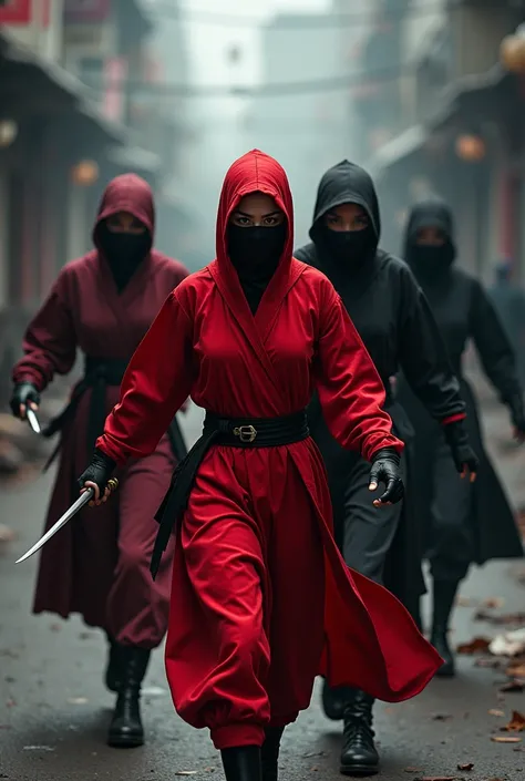 Generate image of 5 ninjas, Two women in red and three men in black
