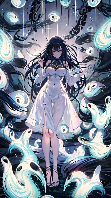 Background with countless floating hands,Woman with black lips,Sensual,Best Quality, Textured skin, Large Breasts, Black Hair, Shiny Hair, Long Hair, Large Breasts, White eyeball, Thin black dress,Character portrait, Anime Style, 