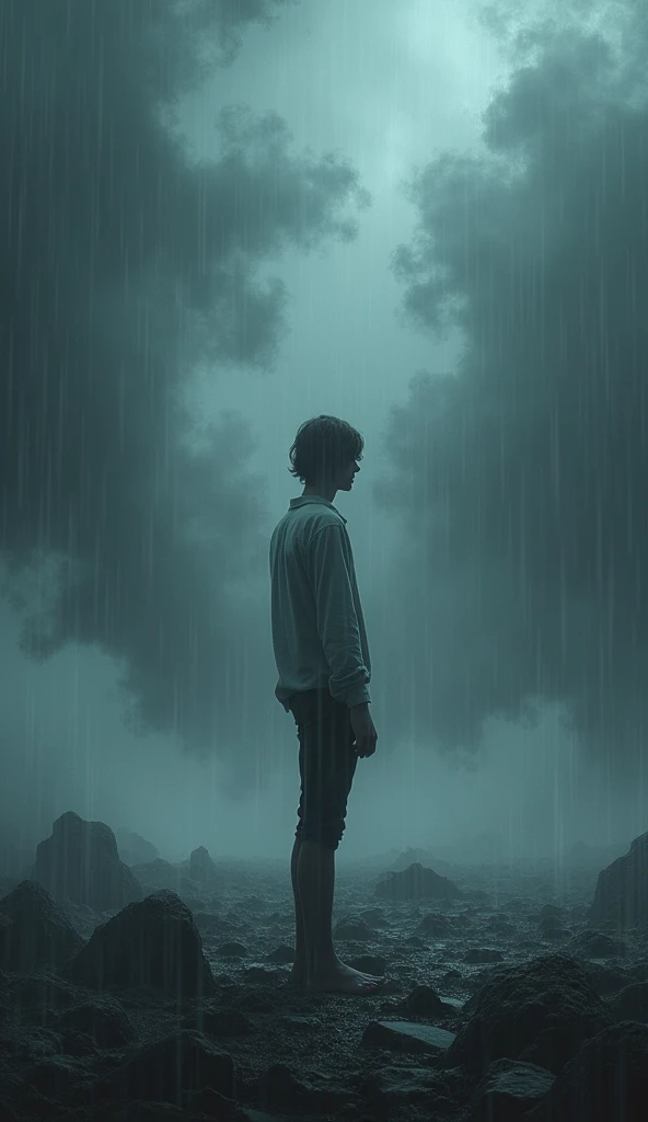 "A person standing calmly in a powerful storm with wind and rain. The environment around them is turbulent, but their posture is composed, serene, and unmoved by the chaos. The sky is dark and ominous."