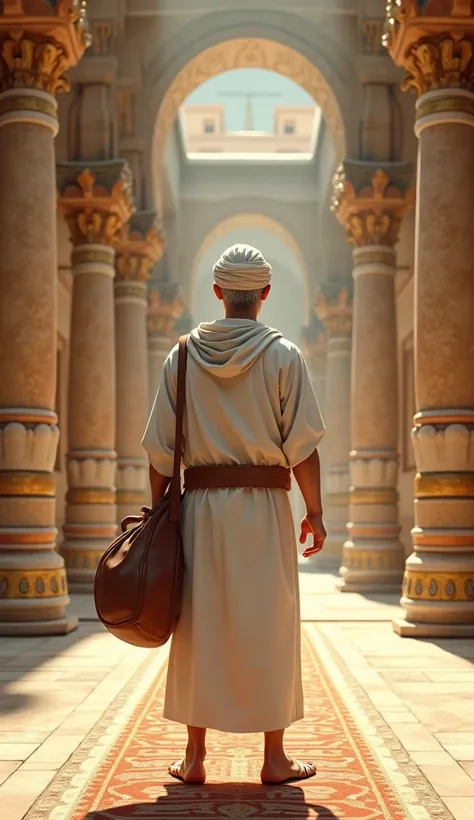 3d comic cartoon, a 40 year old man with no face,  wearing simple white ancient Babylonian clothing with a turban on his head and carrying a bag made of cowhide, standing in the palace hall, like facing the king