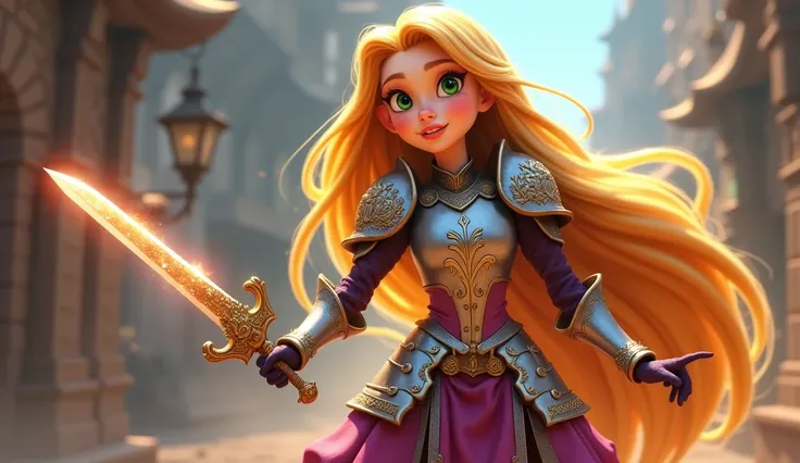 Here’s the updated prompt with a more cartoonish style for the heroine:

**Prompt:**

Full-body view of a vibrant animated masterpiece: (Disneys Rapunzel:1.7) (Flowing golden hair, exaggerated length:1.4) (Wearing cartoonish 15th-century German armor:1.6) ...