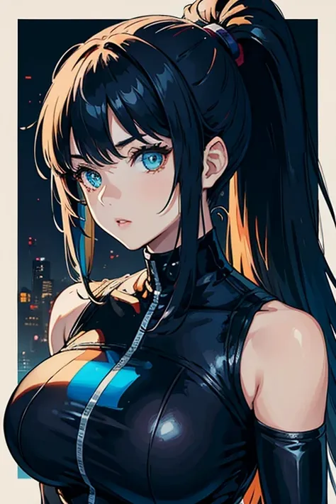 Female Terminator, colored inner hair, ponytail, Super huge breasts, A woman with half an android face, The right half is an android, masterpiece, super detail, textured skin