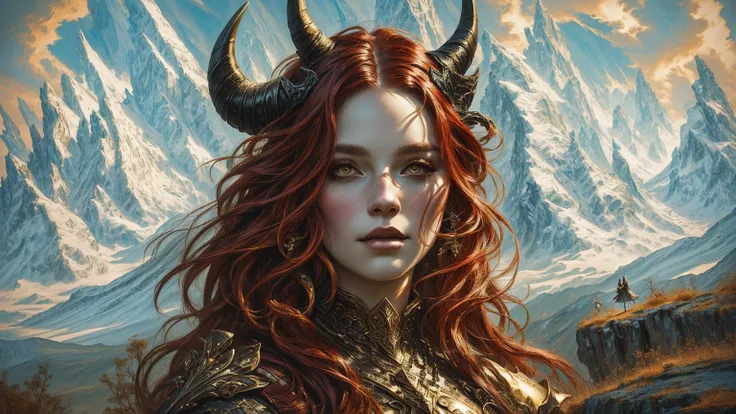 there is a woman with horns and in a dress standing in front of the mountain, portrait concept art fantasy, fantasy portrait, po...