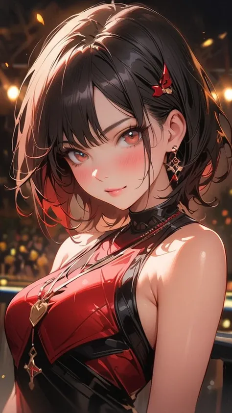 ((masterpiece,highest quality)),One girl,Beautiful fine details, detailedな顔, (whole body:1.2), 1 girl, foto de cowboy da linda There is, looking at the viewer, red dress, black hair, Blush, short hair, athletic night, volumetric lighting, best quality, wor...