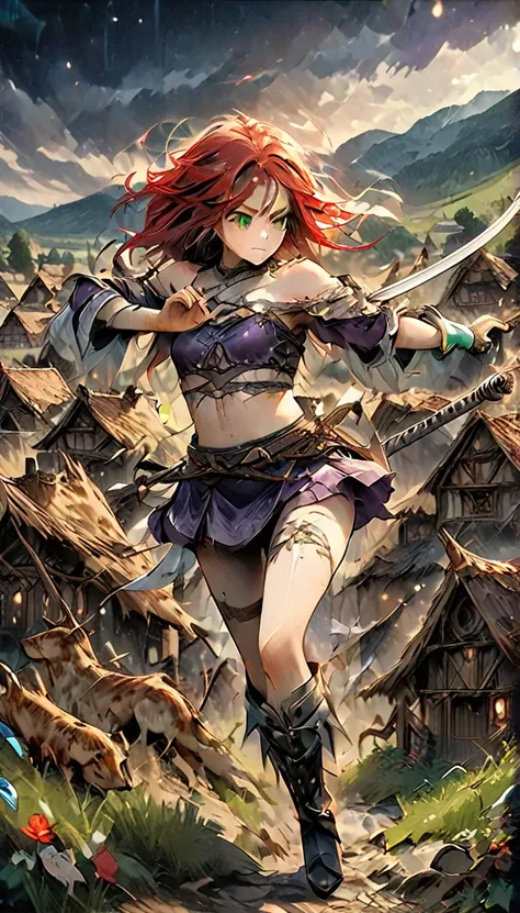 Young woman, purple strapless crop top armor, ((very short mini skirt)), micro skirt, purple skirt, black armored high heel boots, walking thorough village, full body visible, green eyes, ((short red hair)), hair movement, small breasts, attack pose, holdi...