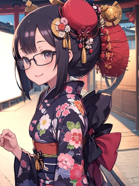 Japanese kimono busty beauty with glasses、smile、Watching the audience、Kyoto、