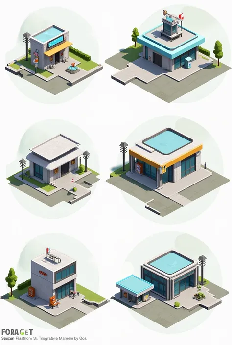 Create art style in the form of game board cards：Building a Checkpoint、One floore Station，Gas station，Convenience store、With a modern style