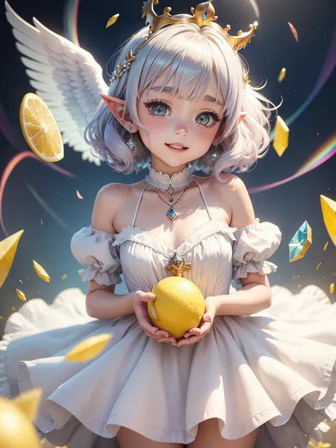 cute little Angel、 Rainbow hair 、angel wing 、Puff sleeve dress、Fluffy dress、Look at,  Pointy Ears,  Bob Hair, Crystal Earrings, Eyes are symbols, Light blush,  Beaded Necklaces, Lemon-colored dress、Lemon-colored eyes、 happiness/joy, crown, Silver Hair, 