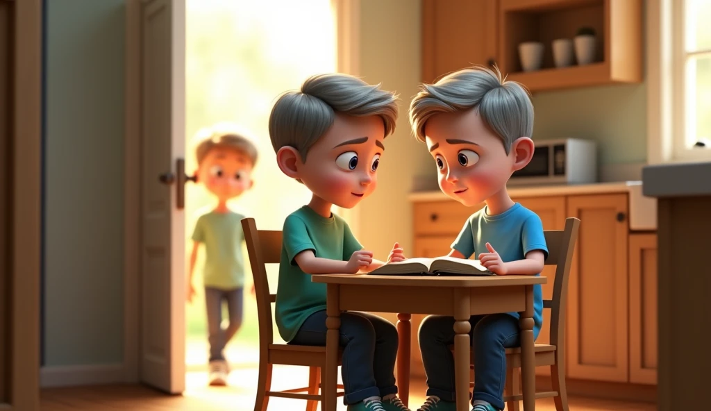 "Two twin boys, now . They have short, gray hair, blue eyes, and are identical in height. Simon, wearing a light blue shirt, is more relaxed, while James, wearing a light green shirt, but his expression is more serious, reflecting his personality. They are...