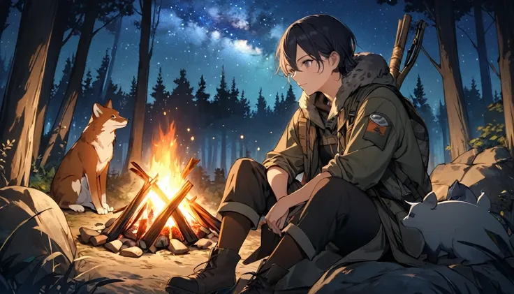 「Enveloped by the forest of night、As the starry sky spreads、In the center is a slightly worn-out animal hunter.（woman）is sitting in front of a bonfire。The hunter&#39;s quiet and lonely figure is depicted photorealistically.、The contrast between the cold of...