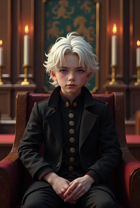 Make a 1 Caucasian boy with pale skin, semi long white hair, He has deep purple eyes, He has a black medieval suit with deep red touches, He is sitting in the king&#39;s council chamber.