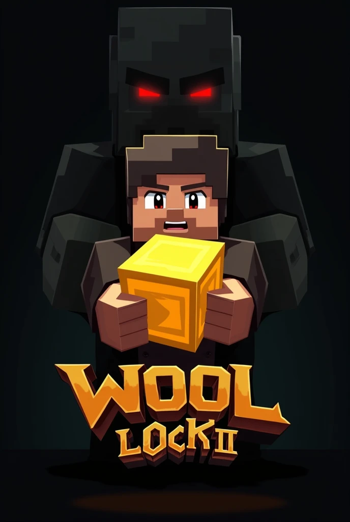 A logo for a Minecraft tournament, that the main character holds a block of golden wool and behind Herobrine looking at him also a text "Wool Lock II", that the word Minecraft does not appear and that the character that appears behind looks like an evil St...