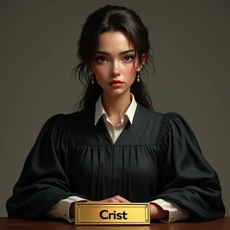 Theme: young woman Judge, name "Crist" on gold plate, Realistic 