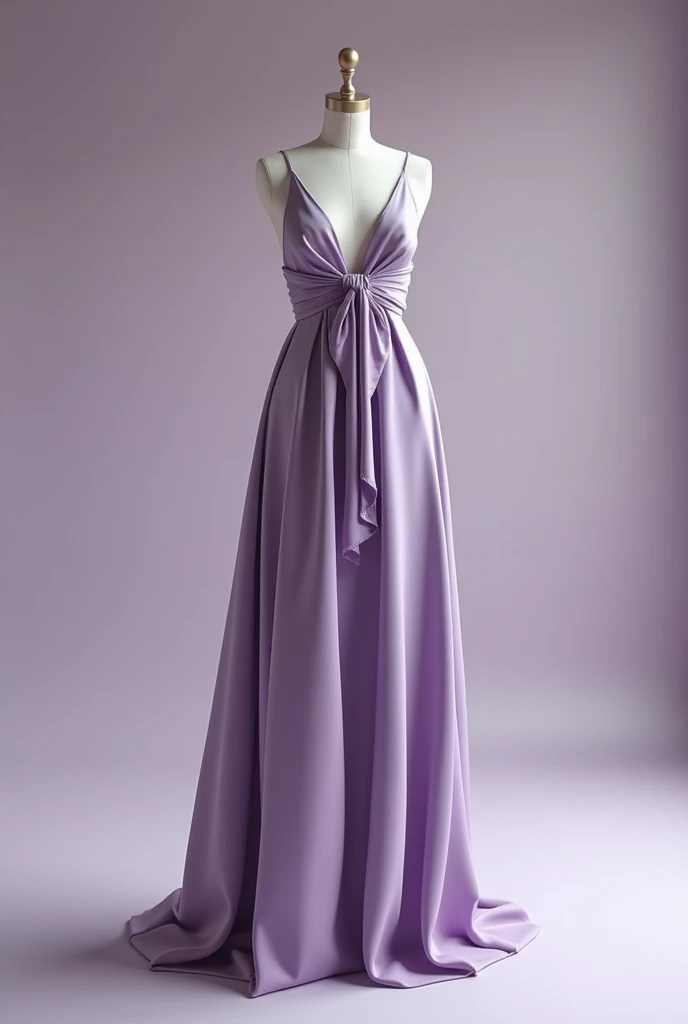 Create an ultra-realistic image of a beautiful, elegant lilac dress displayed on a mannequin. The dress should be designed for an exclusive fashion event, such as the Gucci Spring/Summer 2025 show. The design should be sophisticated, modern and luxurious, ...