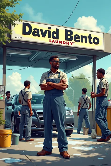 Make an African American man running his company , The company is a car wash in which you see a sign that says : David Bento laundry and its employees are also seen looking for cleaning products , You have to see their employees bringing cleaning products 