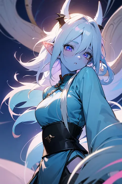 hd, blue-skinned Anime girl, clean and meticulous anime art, light white hair, (((blue skin))), beautiful anime art style, cute anime girl portrait, light purple eyes, Soft anime illustration, martial artist, spiky hair, upper body, Chinese dress, standing...