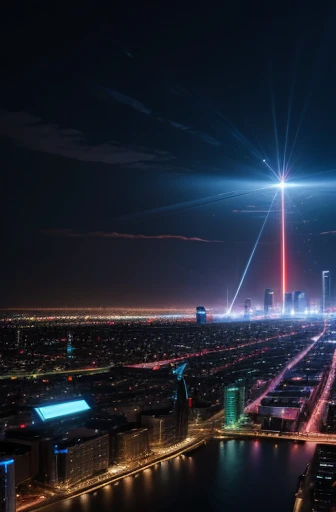 future city with red lights on a blue background、the huge buildings are scattered like a maze.、it&#39;s too high to see the roof...