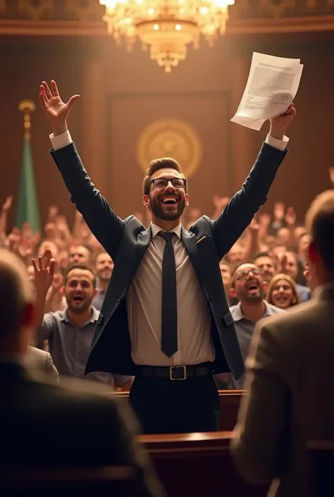 An image of a man smiling and raising a victory document in a courtroom. The background is filled with people cheering and celebrating, symbolizing victory
