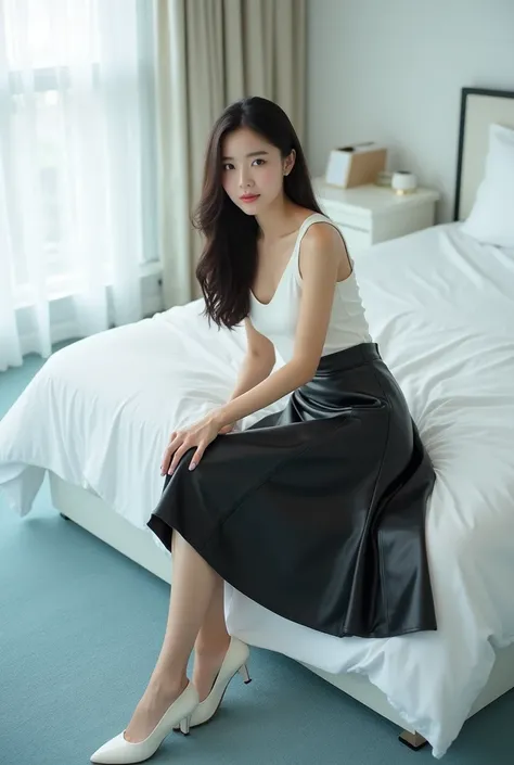 A beautiful lady, asian, Japanese,
Long hair, 
Low height,
Lying on a white bed in front of white wall in a new office with light blue carpet,
Wearing a white camisole,
Wearing a shiny black leather big a-line full circle long skirt knee length, the long s...