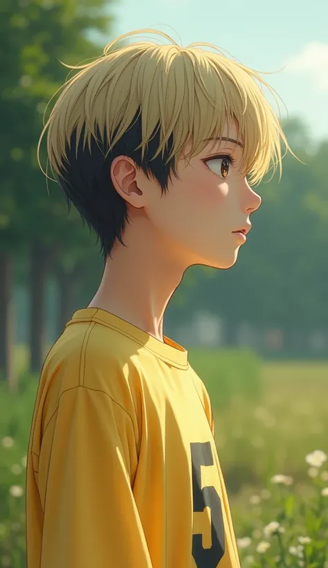 live-action、Real、Blonde hair with black back、Beautiful Japanese junior high school boy、Shortcuts、Yellow T-shirt with number 5 printed on it、profile、live-action、Real