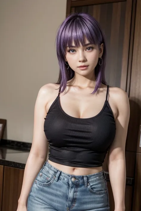 Ayane, wearing red denim mimisaia, wearing black top