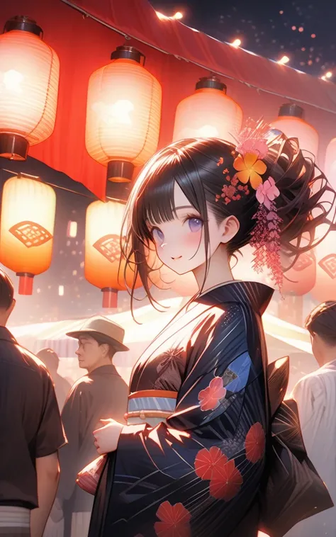 "Midsummer Night Festival"
prompt: "Hyper-detailed nano-textured yukata-clad revelers in 8K resolution, showcasing intricate fabric patterns and vibrant lantern lights. The scene features a bustling summer festival with food stalls and fireworks, all rende...