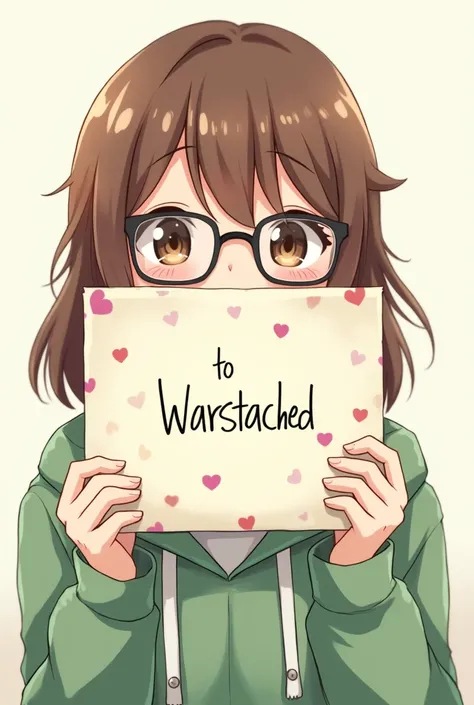  anime girl with brown hair and brown eyes wearing rectangle glasses and a green hoodie holding a envelope that says to warstached, and it has hearts all over it, she is hiding her face behind it