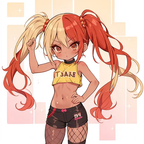 Girl 1 (loli, tanned skin, crop top, short shorts, fishnets, eyeshadow, blond hair, brown eyes, gyaru style) kissing Girl 2 (loli, red hair, tight leggings, shirtless, small breasts) and grabbing her breasts