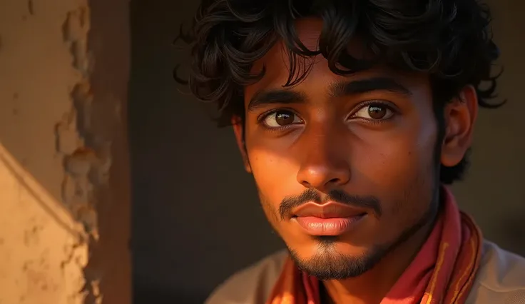 A wise and kind young man in a small village, portrait of Raju, beautiful detailed eyes, beautiful detailed lips, extremely detailed eyes and face, long eyelashes, cinematic lighting, intricate details, warm color tones, masterpiece, hyper-realistic, photo...