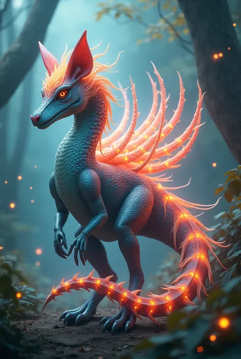 Imagine a stunning creature that blends the majestic form of a dinosaur with the enchanting features of a nine-tailed fox. It has a sleek, muscular body resembling a theropod, covered in vibrant, iridescent scales that shift colors in the light. From its b...