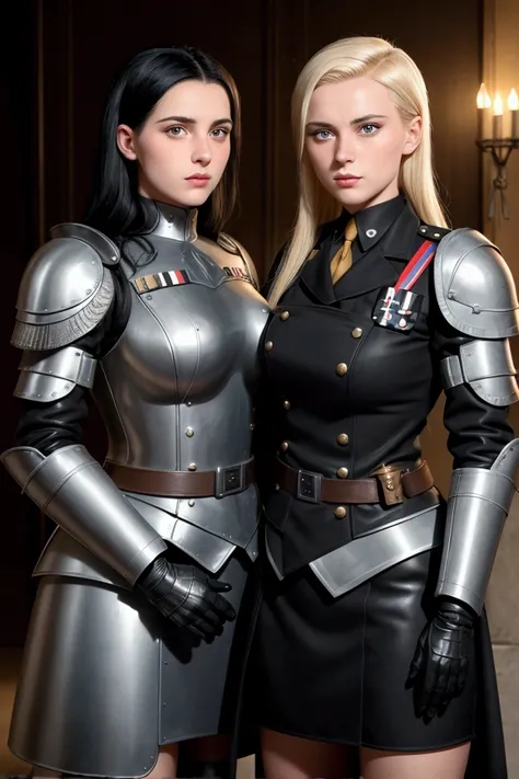 two german womens, nazi , catholics, one black hair, one blonde, perfect face, detailed face, lesbians, armored, sexy soft lesbians, full body