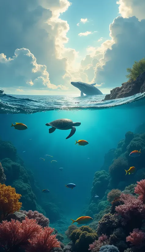 A vast, serene ocean scene, shimmering waves, sunlight glimmering on the water surface, schools of tropical fish, colorful coral reefs, a sea turtle gracefully swimming, a whale breaching in the distance, dramatic cloudy sky, atmospheric lighting, photorea...