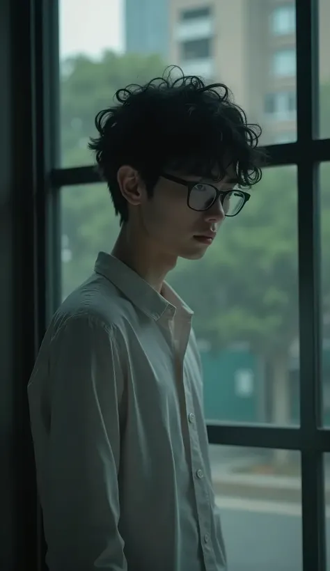 live-action、Real、Black Hair、Natural curls、Beautiful Japanese high school boy、Shortcuts、Black square cell frame glasses、Depression、Dress shirt、live-action、Real