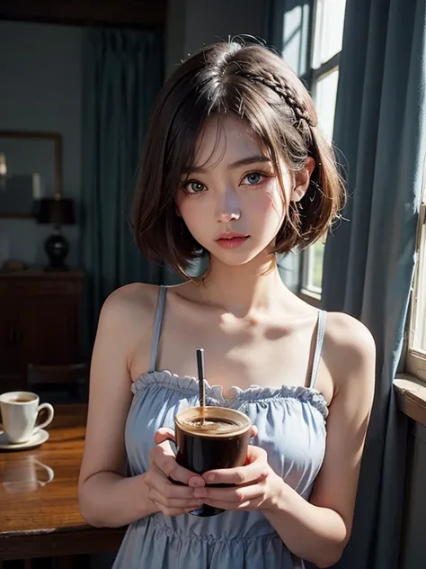 (masterpiece: 1.2, Portraiture, Best Quality), Realistic, (live-action, Intricate details, Written boundary depth), Best Quality, masterpieceAttention to detail, semi-Realistic, 朝にDrink coffee , shy, 2, Short Hair, blue eyes, Gray Hair、 Slim figure、Shoulde...