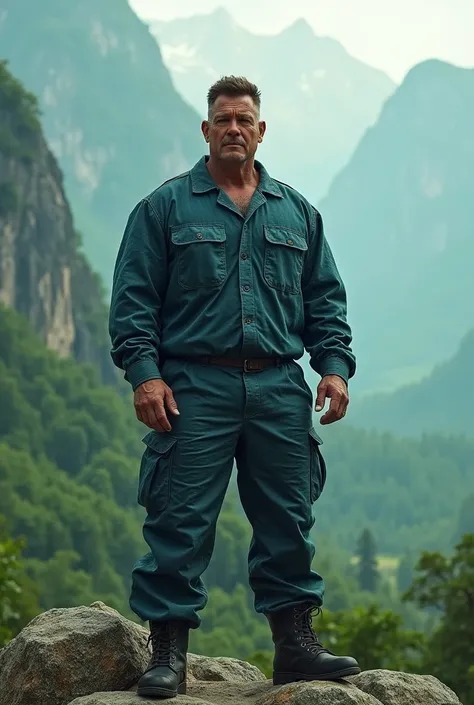 Brutal, handsome man 45 years,  under cut dark brown short hair, charming face most details hd, strong and perfect shape, tan skin, wearing blue -indigo fatigue camo uniform, standing on the rocks   peak of mountains, swamp trees and mountains on the backg...