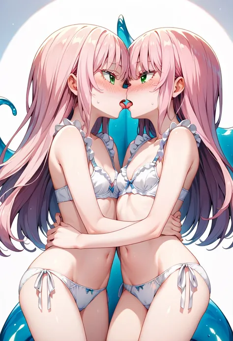 score_9, score_8_up, score_7_up, score_6_up, score_5_up, score_4_up, source_anime, 2 girls, ((kids)), (yuri), ((scissoring)), ((Kiss)), tongue out, skinny, small breasts, pink hair, long straight hair, green eyes, flushed face, blush, (white frill bra), ((...