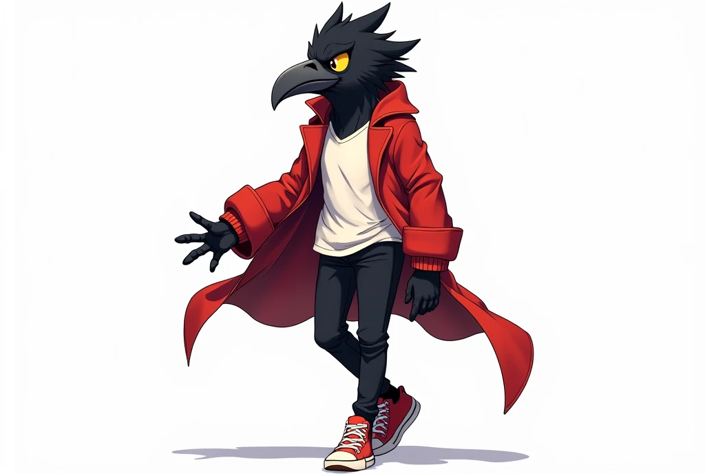 make it in anime style and with a white background, a humanoid crow, with black feathers, wearing an open red coat, with a white shirt underneath, he wears black pants, and with sneakers 