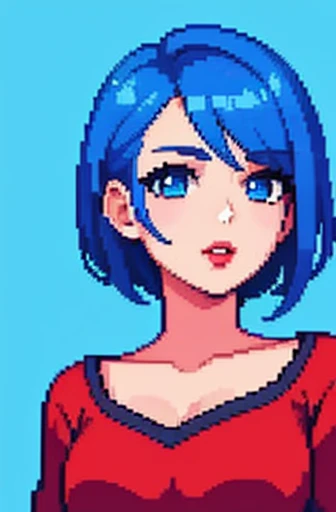 one blue hair girl named emily , comes from stardew valley , has blue eyes , red lips , wears a red dress with a bit of skin sho...